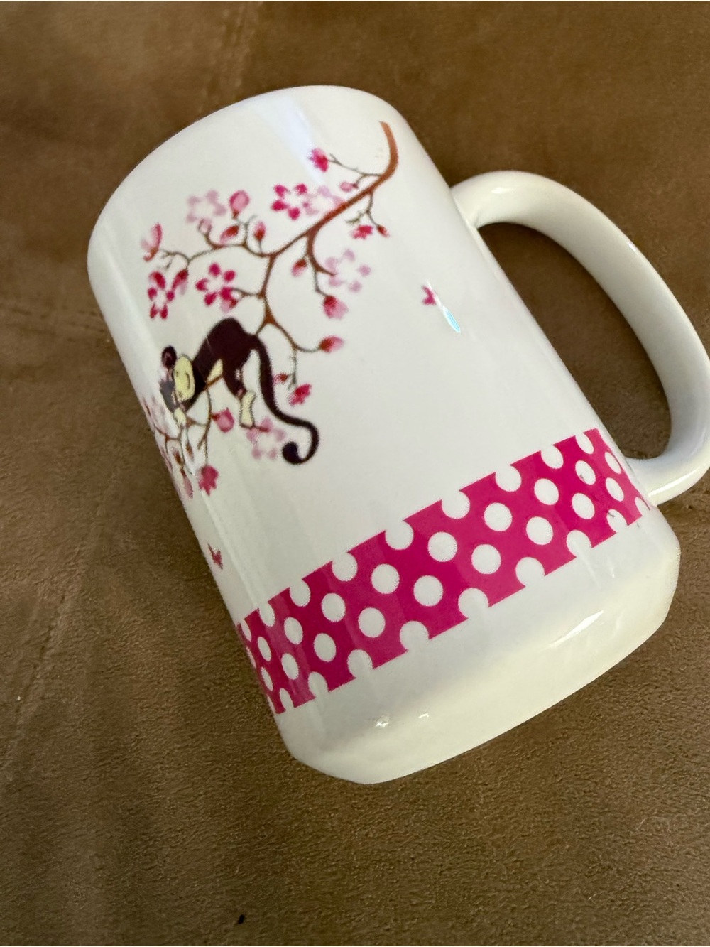 White Ceramic Mug with Pink Polka Dot Accent and Cherry Blossom Monkey